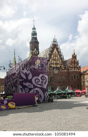 WROCLAW, POLAND - JUNE 7: Final preparations of Fan Zone on the Old Town Square on June 7, 2012 in Wroclaw, Poland. The UEFA European Football Championship begins on June 8, 2012.