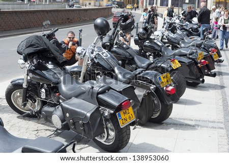 WROCLAW, POLAND - MAY 18: View of Harley Davidson motorcycle parked in the city during \