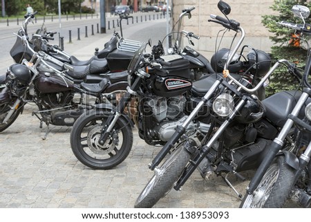 WROCLAW, POLAND - MAY 18: View of Harley Davidson motorcycle parked in the city during \