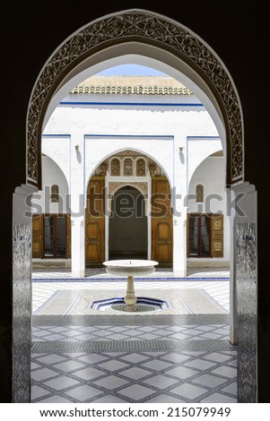 MARRAKESH, MOROCCO- AUGUST 24, 2014:  El Bahia Palace which is visited by tourists from world on 24 August 2014 in Marrakesh, Morocco. It is an example of Eastern Architecture from the 19th century.