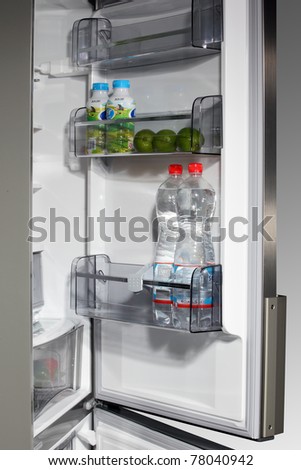 The inside of refrigerators. Detail of refrigerator door.