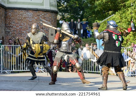 WROCLAW - OCTOBER 5: Enthusiasts of the old knights show their costumes and skills in a duel at the Cultural Center \