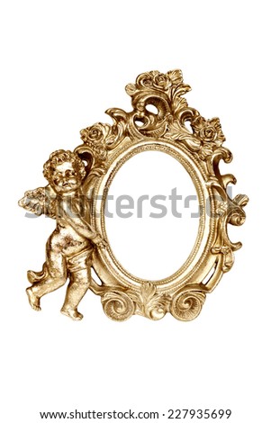 Oval baroque gold picture frame with cupid isolated on white with clipping path.