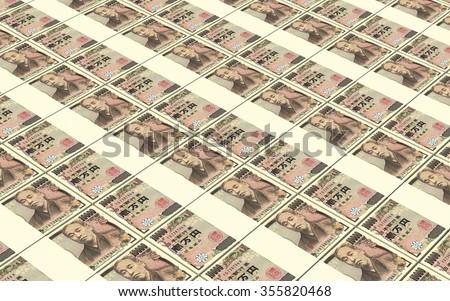 Japanese yen bills stacks background. Computer generated 3D photo rendering.