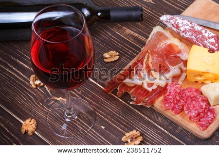 Glass and bottle of wine, cheese and prosciutto on wooden background. Still life