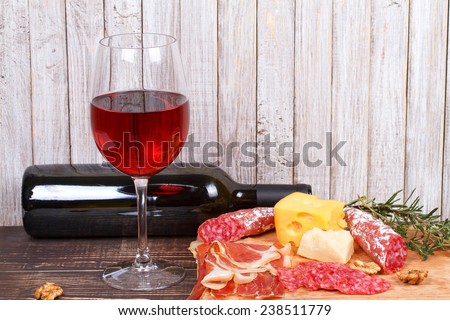 Glass and bottle of wine, cheese and prosciutto on wooden background. Still life