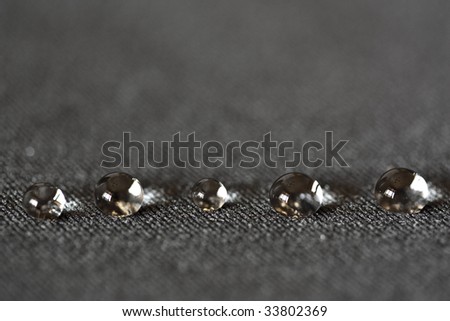 A background/desktop picture of 5 water drops in a row on a dark textured surface