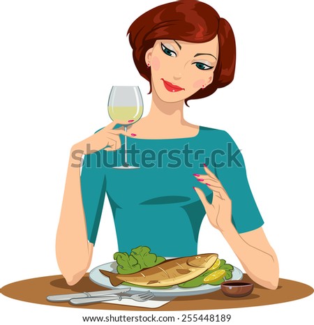 girl eating fish and drinking wine
