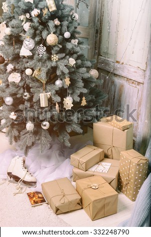 Presents, gift box, under the Christmas tree  vintage style