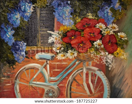 oil painting on canvas - flowers near a wall, bike with a bouquet of flowers