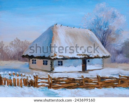 Oil painting of winter house, art work