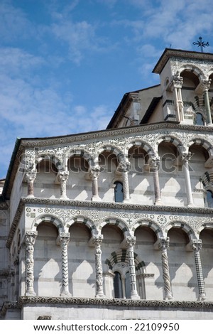 Detail from front facade of the Cathedral of St Martin in Lucca Tuscan Italy