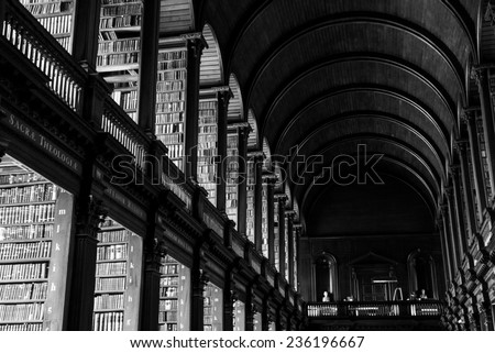 DUBLIN, IRELAND - JULY 6, 2013. Trinity College Library as seen from the inside. Many movies were recorded inside this library, and here is also where the Book of Kells is.