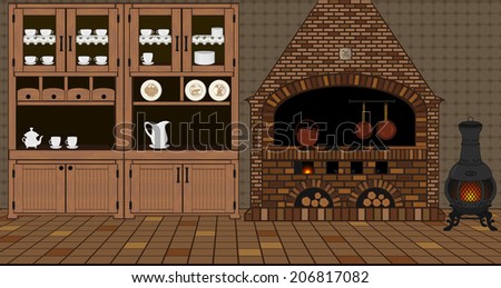 Illustration of an old traditional kitchen with fireplace, iron stove, copper kettle and pans, decorated tiles, decorated plates, tea set, knitted napkins, stacked wood, detailed fire, etc.