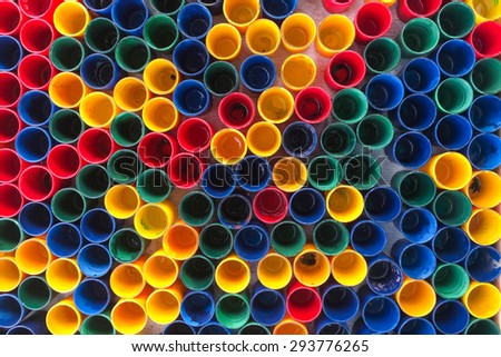 Top view of primary colors of mix color cups  for artist painting