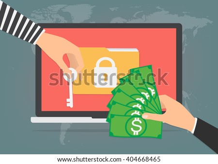 Businessman hand holding money banknote for paying the key from hacker for unlock folder got ransomware malware virus computer. Vector illustration technology data privacy and security concept.