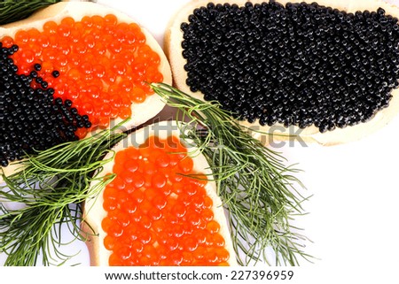 caviar red caviar black , loaf , buderbrod , butter, bread , white background , fish eggs , sea greens, fennel, food, breakfast , celebration , fun, eating , enjoyment, vitamins , table, dish ,
