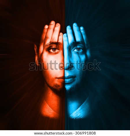 Red - blue face  visible through his hands. Double Exposure