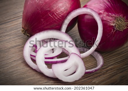 Red Onion rings close up on the  table