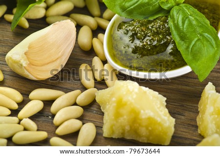 Pesto sauce over White spoon with fresh ingredients