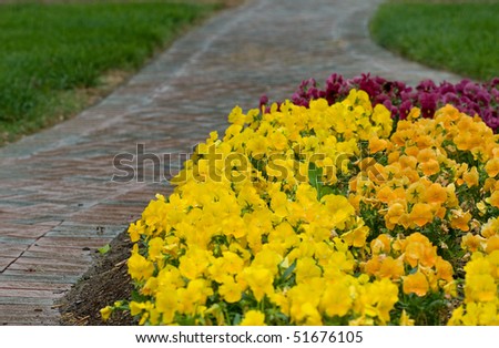 Flowers and brick sidewalk.
