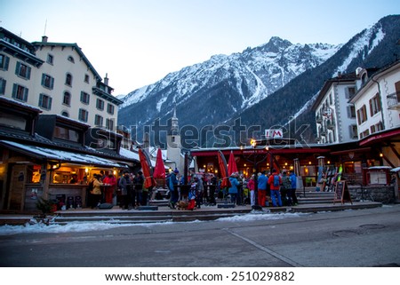 CHAMONIX, FRANCE - JANUARY 2015: Outdoor Bar during Happy hour in Chamonix town in French Alps, France, 30 January 2015