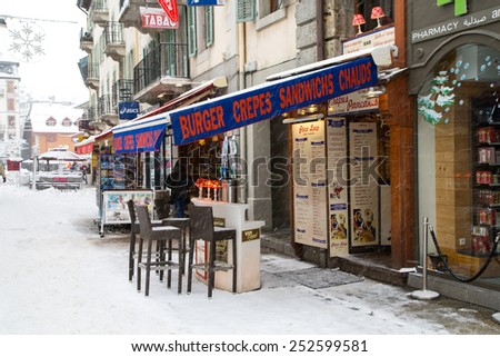 CHAMONIX, FRANCE - JANUARY 2015: Outdoor Bar in Chamonix town in French Alps, France, 30 January 2015