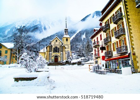 Church in Chamonix, France, French Alps in winter, street view and snow mountains