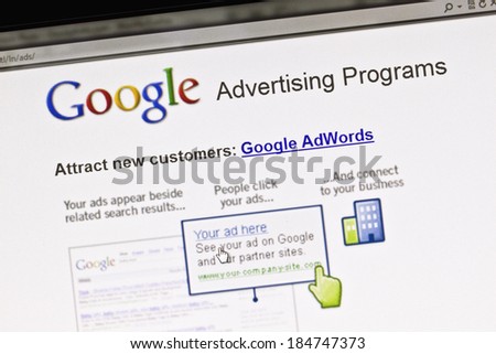 Ostersund, Sweden - August 14, 2011: Close up of Google\'s Advertising Program on a computer screen. It allows users to buy advertising on Google\'s search engine through its AdWords program.