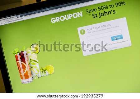 Ostersund, Sweden - May 15, 2014: Groupon website displayed on a computer screen. Groupon is a deal-of-the-day website that features discounted gift certificates usable at local or national companies.
