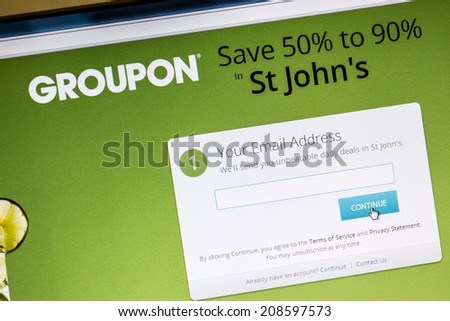 Ostersund, Sweden -August 2, 2014: Groupon website on a computer screen. Groupon is a deal-of-the-day website that features discounted gift certificates usable at local or national companies.
