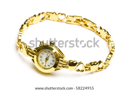 Woman gold wrist watch isolated on white background