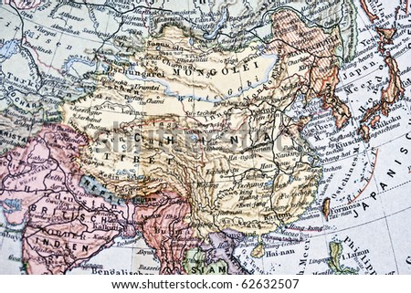 Ancient map of China closeup