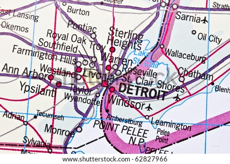Detroit on a map closeup