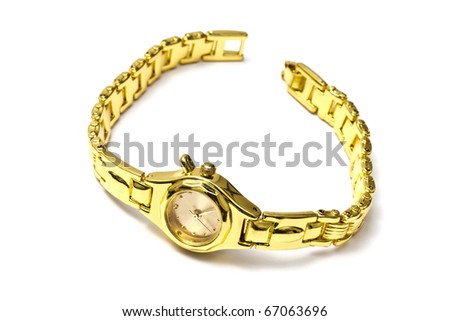 Woman golden wrist watch isolated on white background