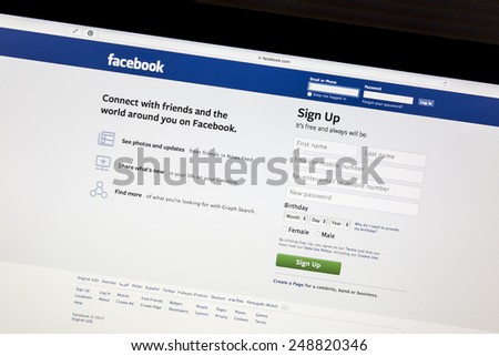 Ostersund, Sweden - Feb 1, 2015: Facebook website displayed on a computer screen. Facebook is the largest social media network on the web.