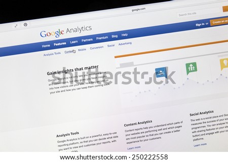 Ostersund, Sweden - Feb 5, 2015: Google analytics main page on a computer screen. Google Analytics is a service offered by Google that generates statistics about a website\'s traffic.
