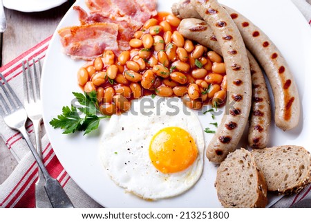 Fried egg with beans in tomato sauce, bacon and grilled sausages with a cup of coffee and morning newspaper. Traditional English breakfast.
