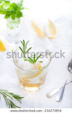 Gin, tonic,lemon, rosemary fizz, cocktail with honey and fresh herbs on a white background.