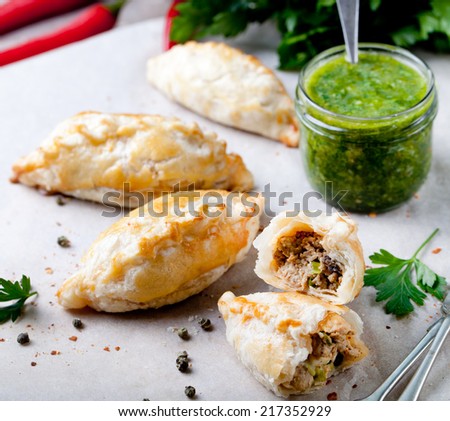 Empanadas with ground meat and green chili sauce. Traditional mexican dish.