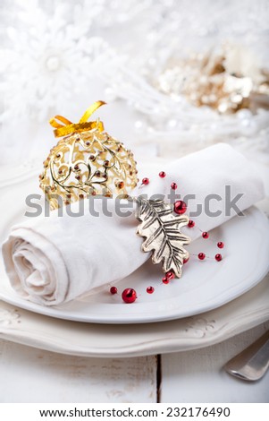 Christmas and New year table place setting with christmas decorations