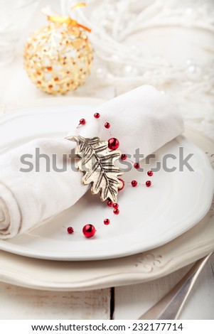 Christmas and New year table place setting with christmas decorations