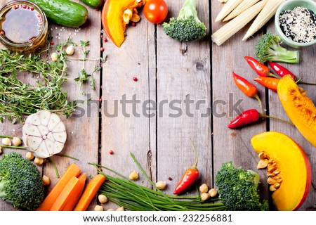 Frame of vegetables, herbs. Harvest, culinary, autumn background. Copy space