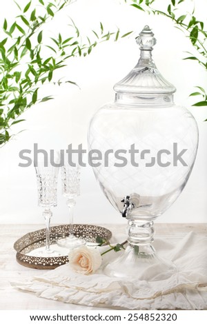 Lemonade, water, beverage dispenser with beverage jars on a white background