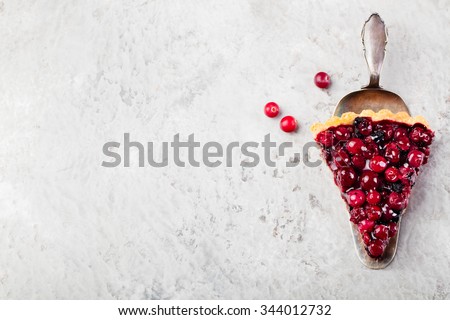 Tart , pie , cake with jellied fresh cranberries, bilberries and winter spices on a grey stone background. Copy space