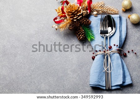 Christmas And New Year Holiday Table Setting Celebration Place setting for Dinner Decorations Copy space