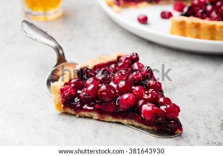 Tart, pie, cake with jellied fresh cranberries, bilberries and winter spices on a grey stone background. Copy space
