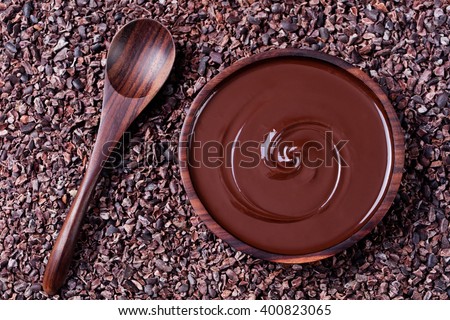 Bowl of melted chocolate and wooden spoon on a crushed raw cocoa beans, nibs background. Copy space Top view