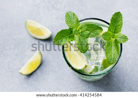 Mojito cocktail with lime and mint in highball glass on a grey stone background Top view Copy space