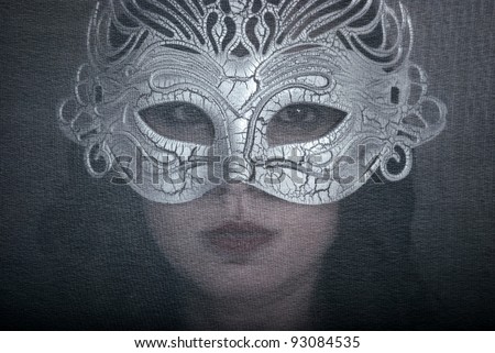 Art portrait beautiful woman in mask on the dark background. Natural noise.